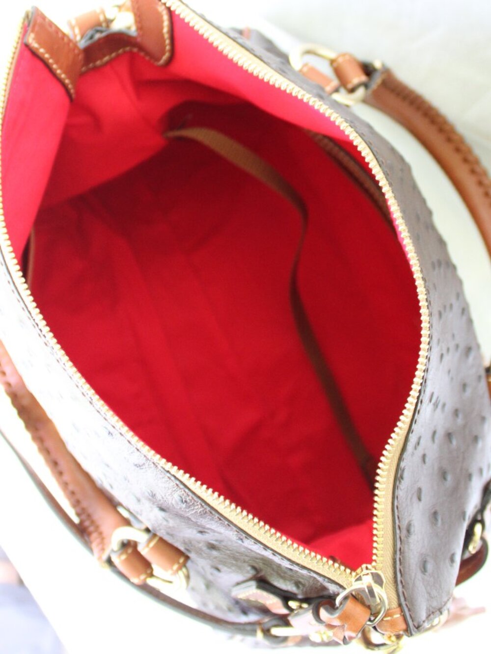 Dooney & Bourke Ostrich brown satchel leather Florentine tassel purse crossbody - Picture 11 of 12